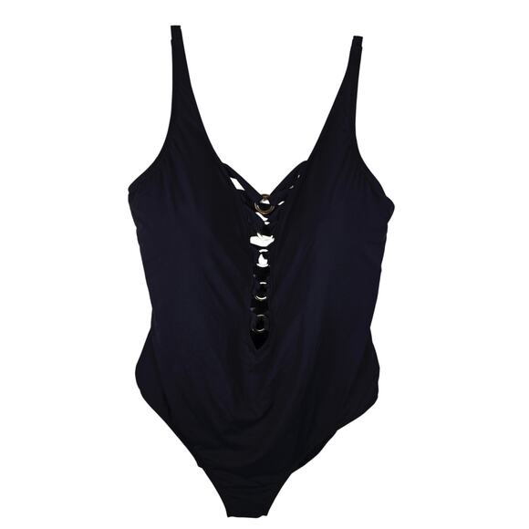 Rod Beattie Bleu Lace-Up Gold Grommet Plunge One-Piece Swimsuit Women's 22W NWT - Picture 1 of 5